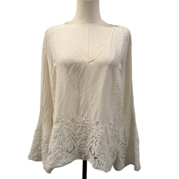 Johnny Was Jade White Embroidered Eyelet Silk Cotton Boho Long Sleeve Top Medium - Picture 1 of 10